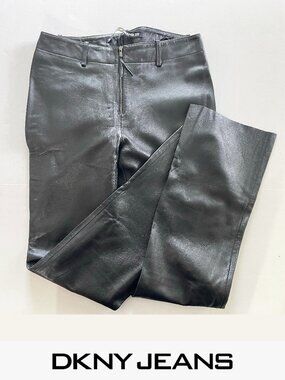 DKNY Jeans 100% Leather Vintage Black Straight Leg Pants Size 4